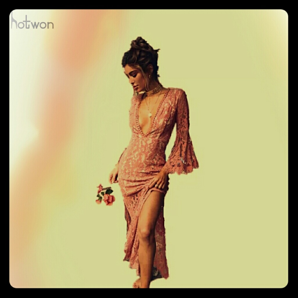 Pink Lace Deep V-Neck Boho Maxi Dress